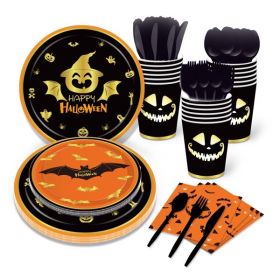 Halloween Pumpkin Blood Hand Bat Paper Plates Party Supplie Plates and Napkins Birthday Disposable Tableware Set Party Dinnerware Serves 8 Guests for