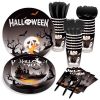 Halloween Black Paper Plates Birthday Party Supplies Disposable Tableware Paper Plates Set Cup Dinnerware Party Cutlery Kits Serves 8 Guests for Plate