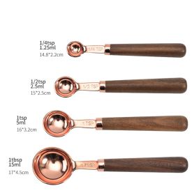 Kitchen Accessories 4Pcs/Set Measuring Cups Spoons Stainless Steel Plated Copper Wooden Handle Cooking Baking Tools (Color: Rose Gold, Set Quantity: 4-PC)